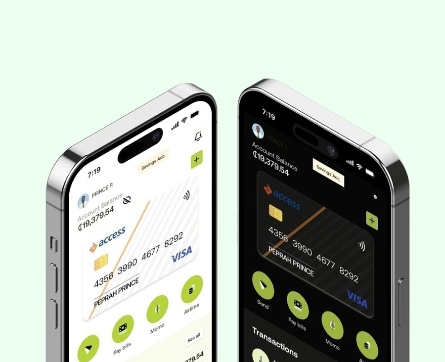Dark and light versions of a bank mobile app