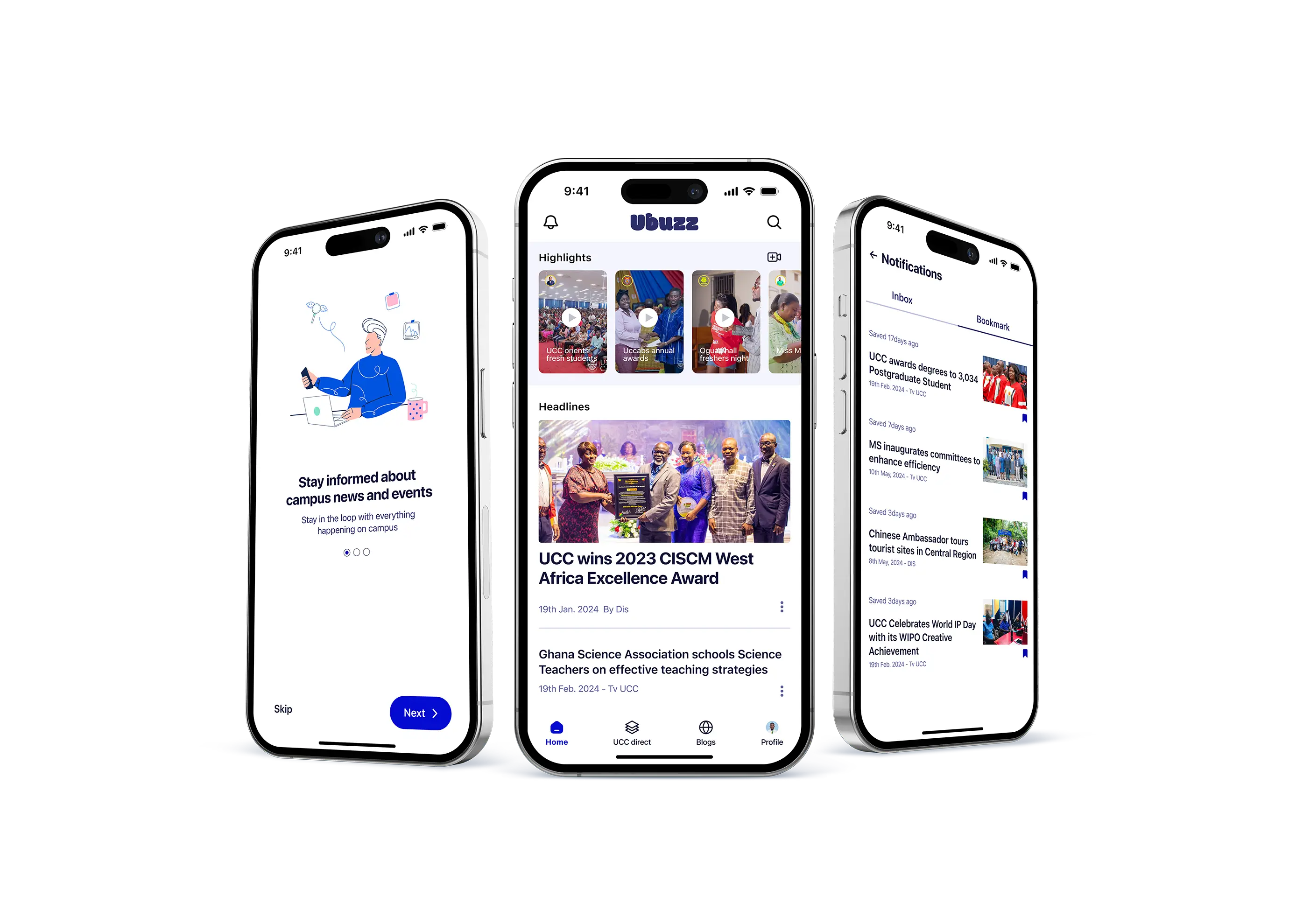 mockup of three phones displaying a campus news app